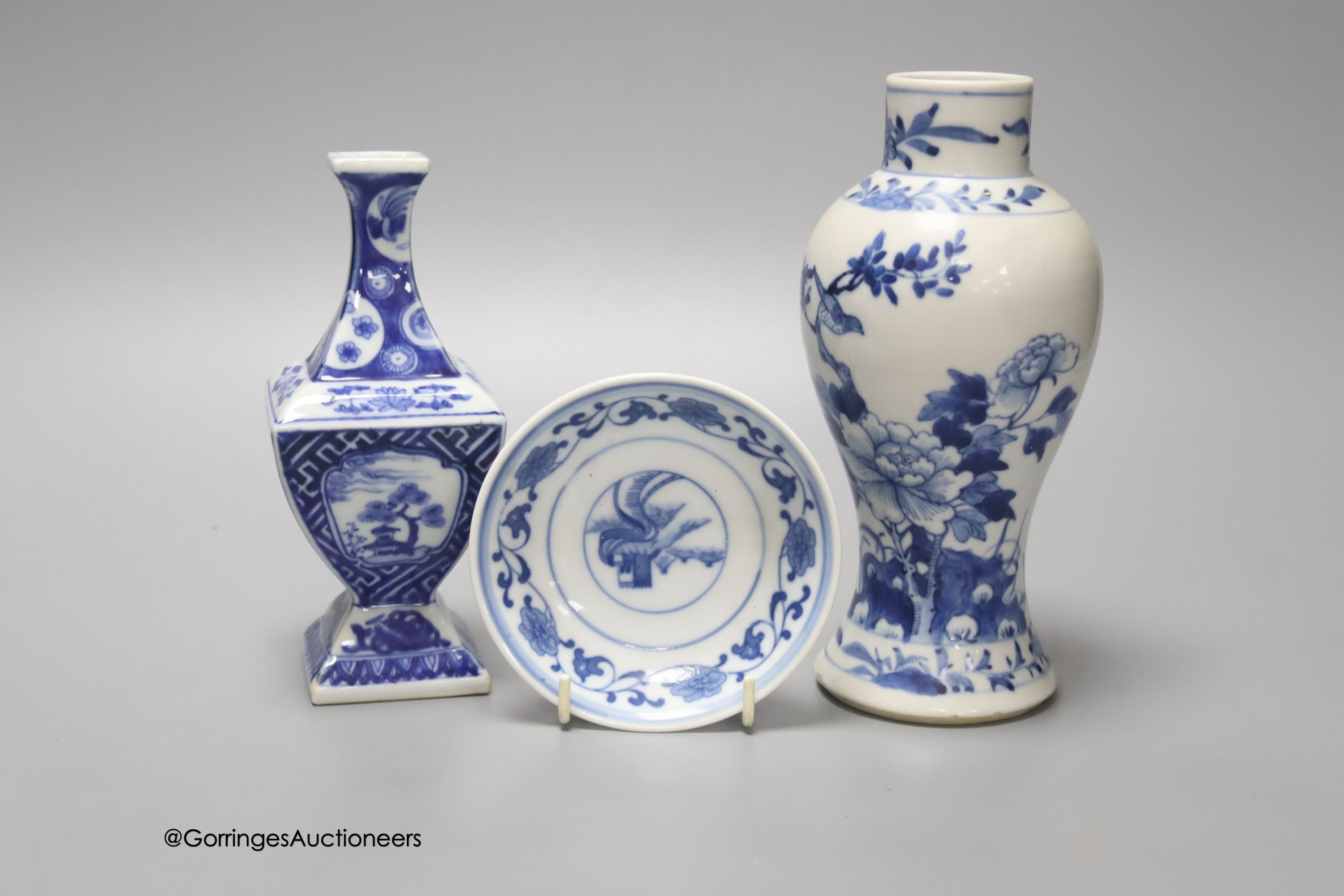 A Chinese baluster vase, a small dish and one other vase, 19th/20th century, tallest 18cm